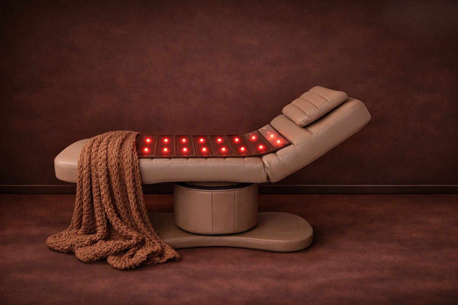 Heated crystal-infused mat on a reclining bed with a knitted throw