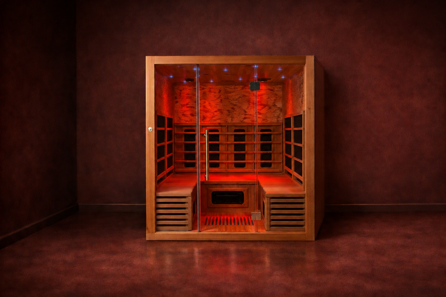 Infrared sauna glowing with warm red light